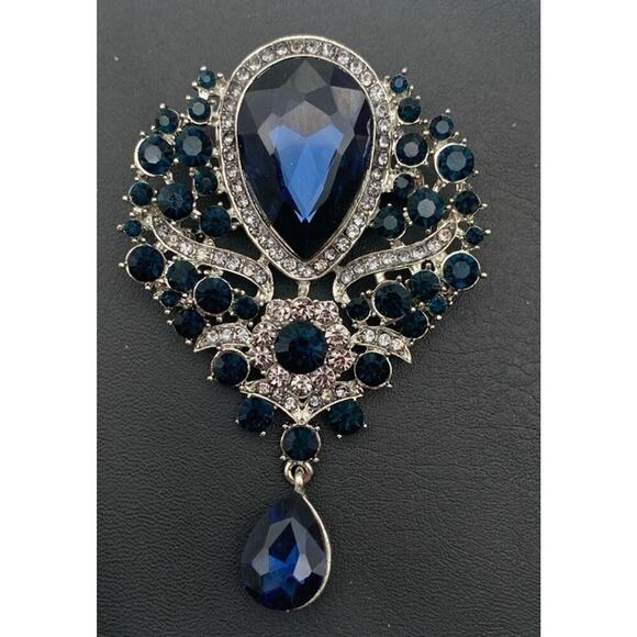 Vintage Style Contemporary Sapphire Blue Glass And Rhinestone Dangle Brooch - Picture 1 of 4